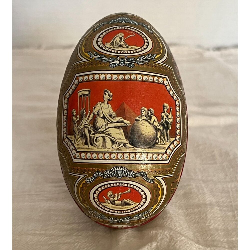 Vintage Decorative Tin Egg | European Easter Decor | Red and Gold Ornate Metal